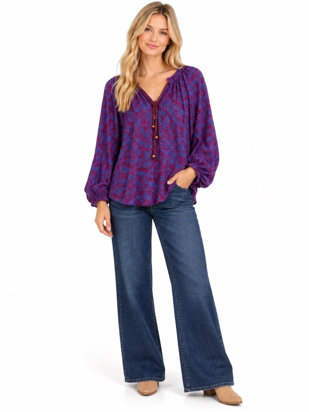 Elizabeth and James 100% Silk Purple Floral Boho Peasant Blouse Top Size XS
